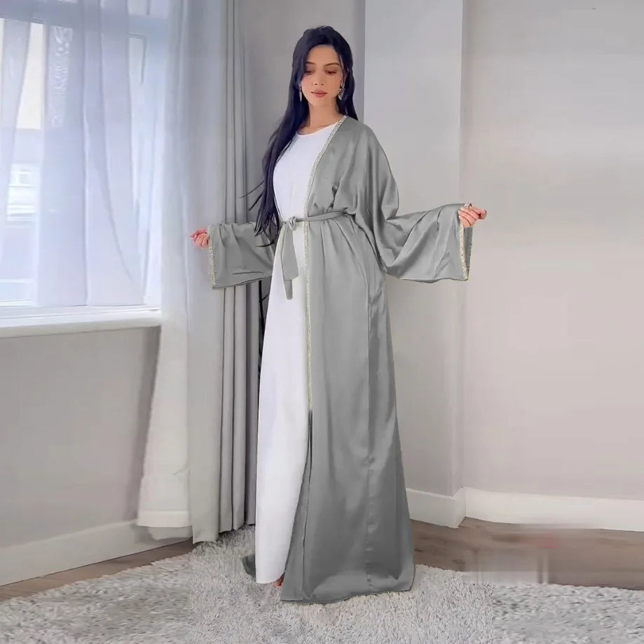 2024 Muslim Dress Diamond Women's Long Dress Fashion Long Sleeve Lace-up Long Abayas Casual Solid Color Clothes for Muslim Women