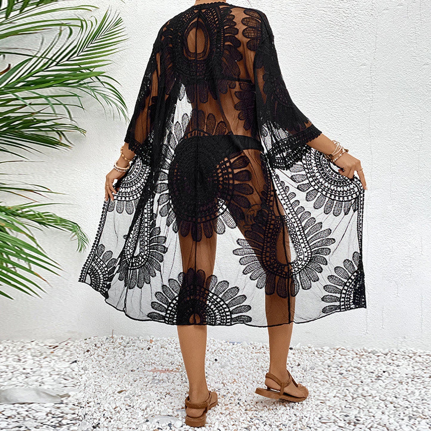 Mesh Flower Bikini Cover Ups for Women Floral Embroidery See-Through Lace Beach Kimono Swimsuit Bathing Suit Summer Clothes