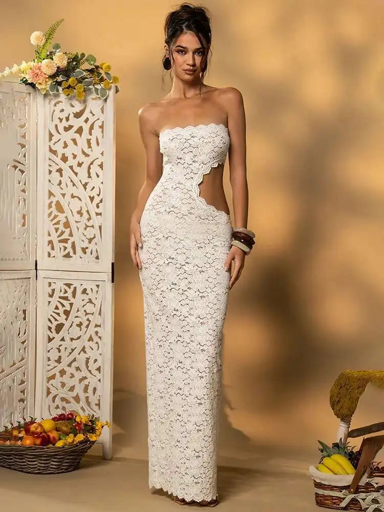 Blifanbo Backless Sexy Off-shoulder Maxi Dress Women Lace Sleeveless Strapless Hollow Out Skinny Club Party Long Dress Elegant
