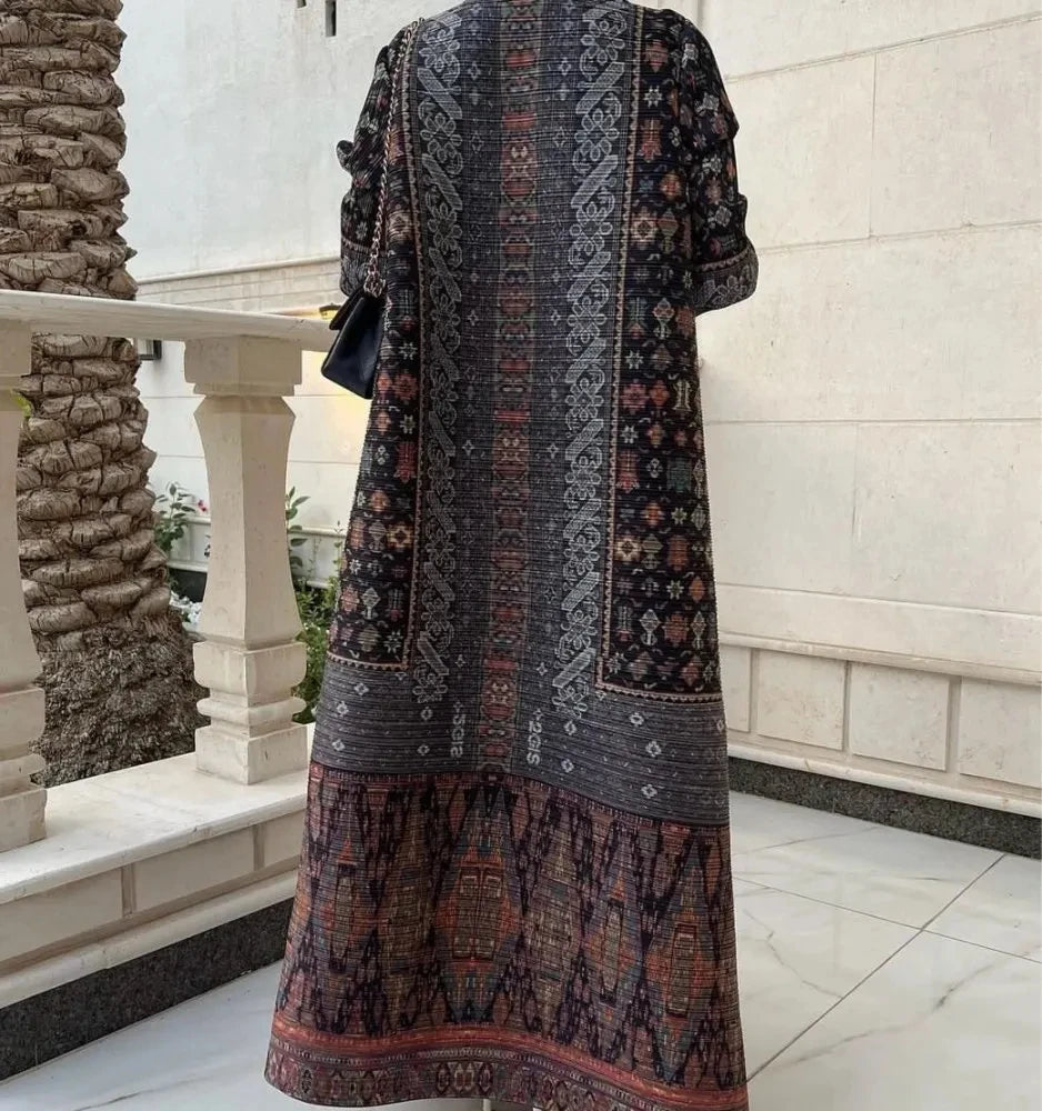 Miyake Pleated V-neck Batwing Sleeve Printed Dress Women Designer Abaya Fashion Summer Elegant Causal Loose Long Dress