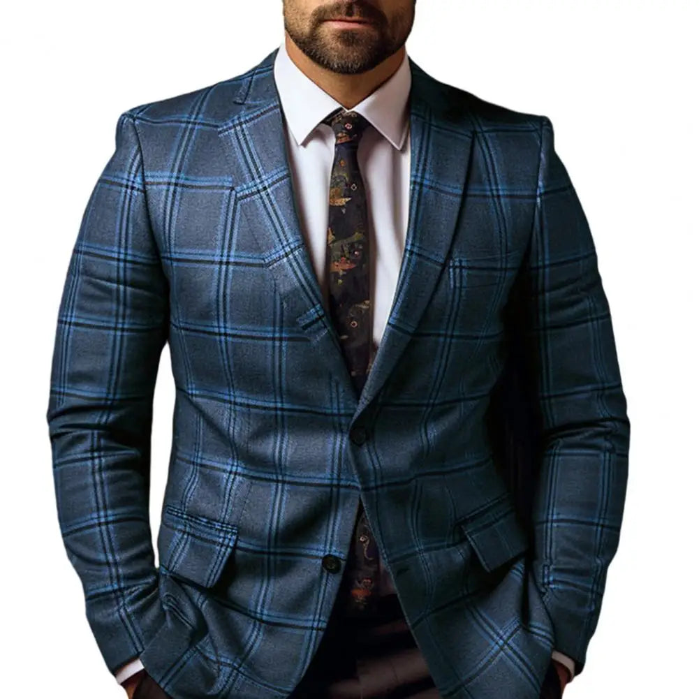 Vintage Men Suit Formal Slim Fit Plaid Print Business Jacket Long Sleeve Single Button Men Office Attire Coat