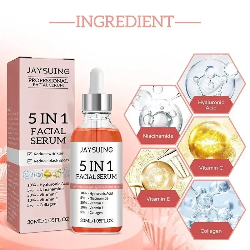 5 in 1 Fade Fine Lines Firming Face Serum Moisturizing Brightning Vitamin C Hyaluronic Acid Facial Serum Shrink Pores Skin Care