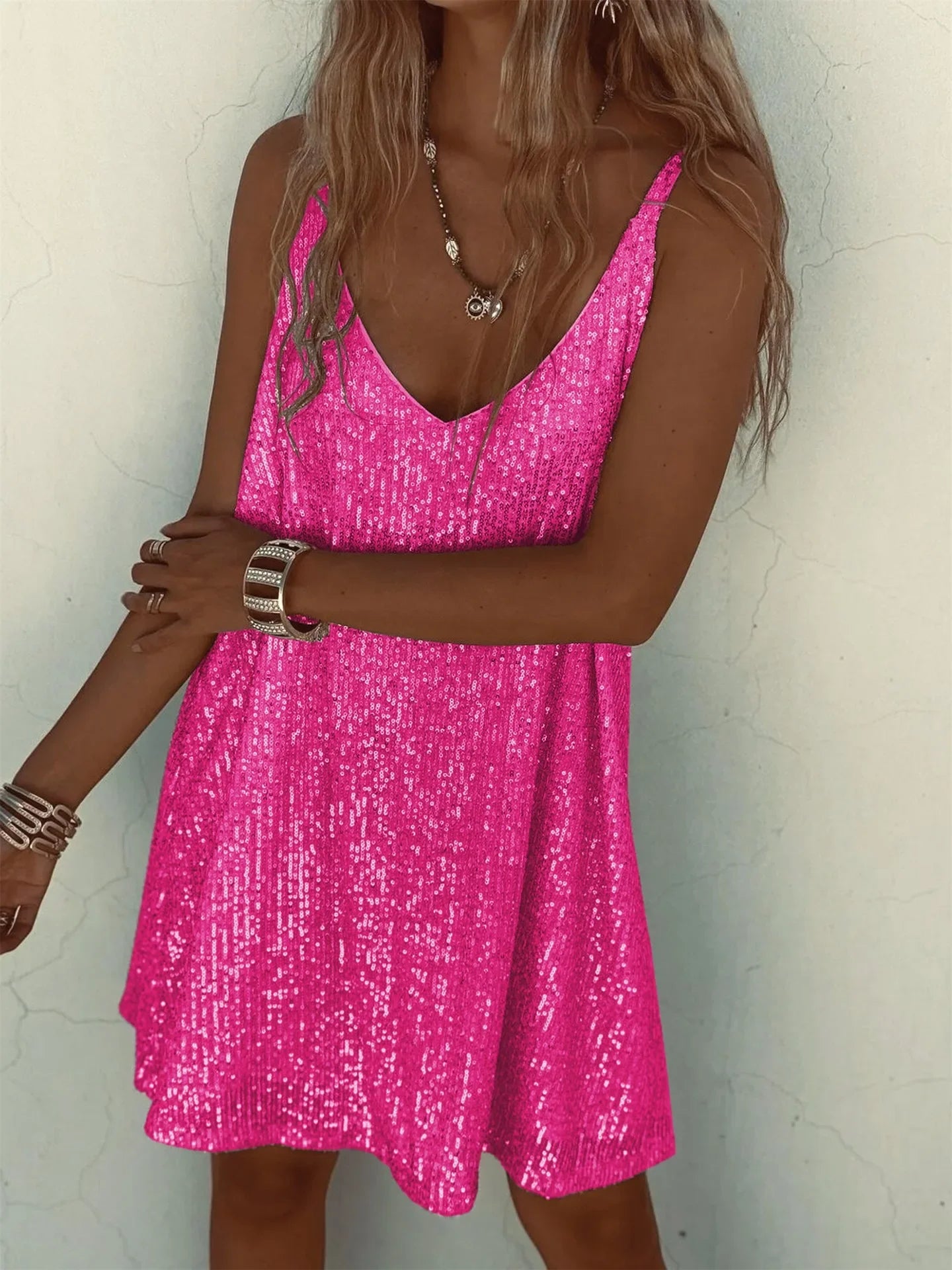 Summer New Women's Fashionable Sexy Tank Dress Solid Color Loose-Fit Long Dress With Sequins V-Neck Fashion Accessories