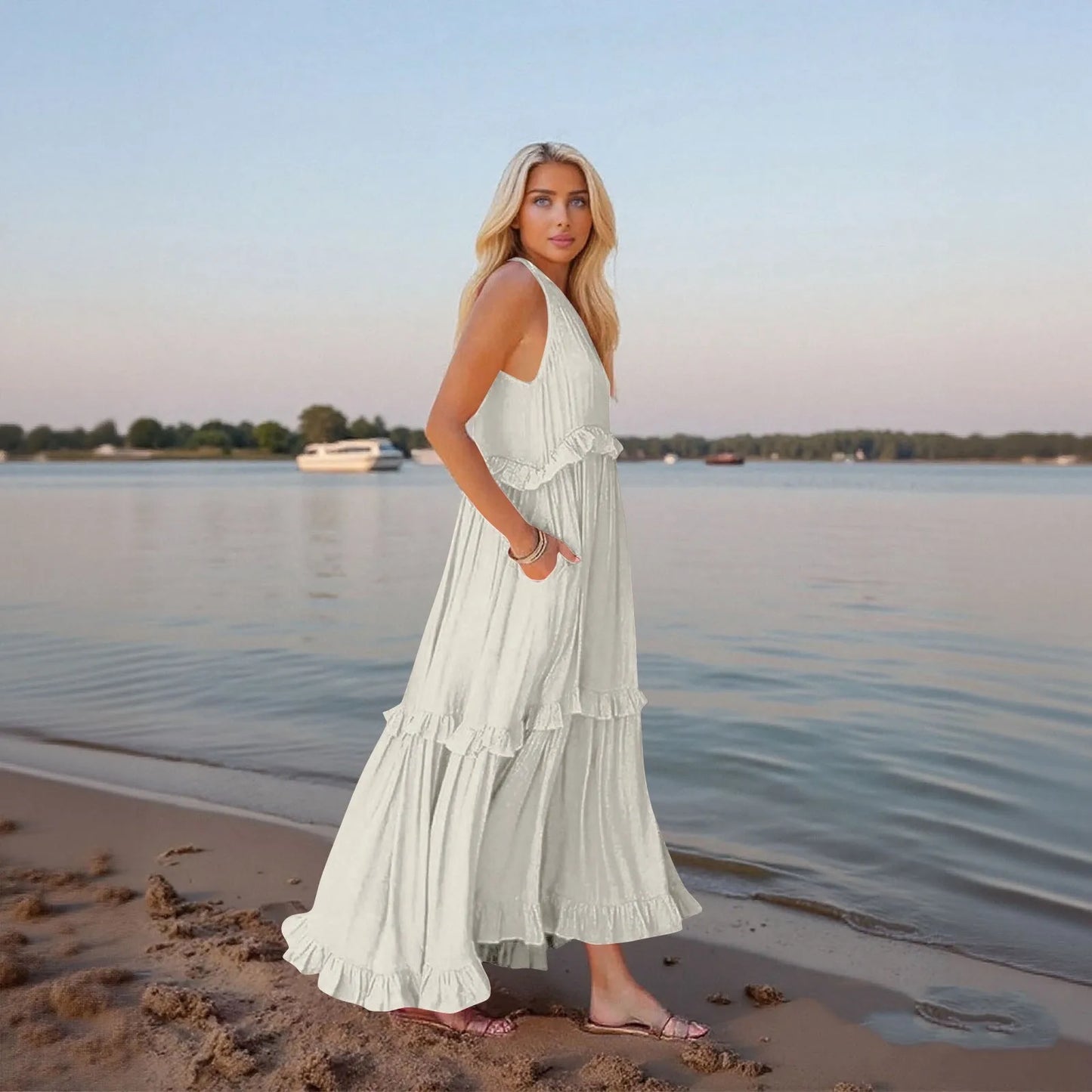 Women's Ruffled hem layered long dresses Summer Sleeveless backless dress Fashion Long Dress Big Swing Beach Dress vestidos