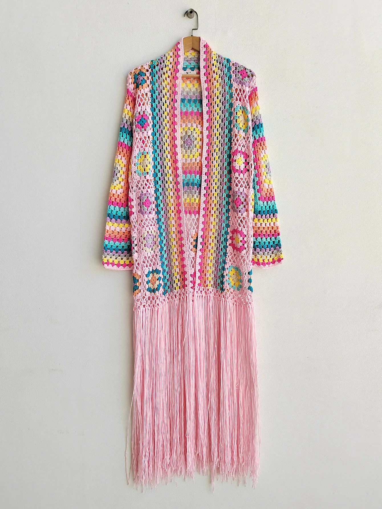 Crochet Knitted Women Cardigan Cover Ups Tassel Plaid Long Coat Bohemian 2023 Summer Beach Bikini Covers Sexy Hook Vestidos