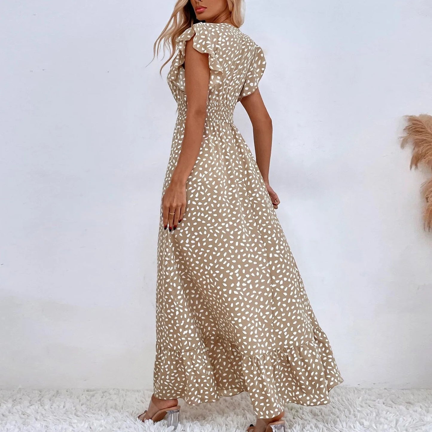 Polka Dot Dress For Women Sexy V-Neck Long Dress Casual And Fashionable Ruffle Edge Short Sleeved High Waisted Dress