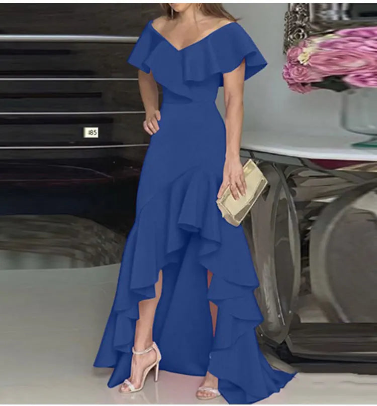 2023 Autumn New European and American Style V-Neck Long Dress with Ruffled Edge Irregular Elegant Dress Party Dress