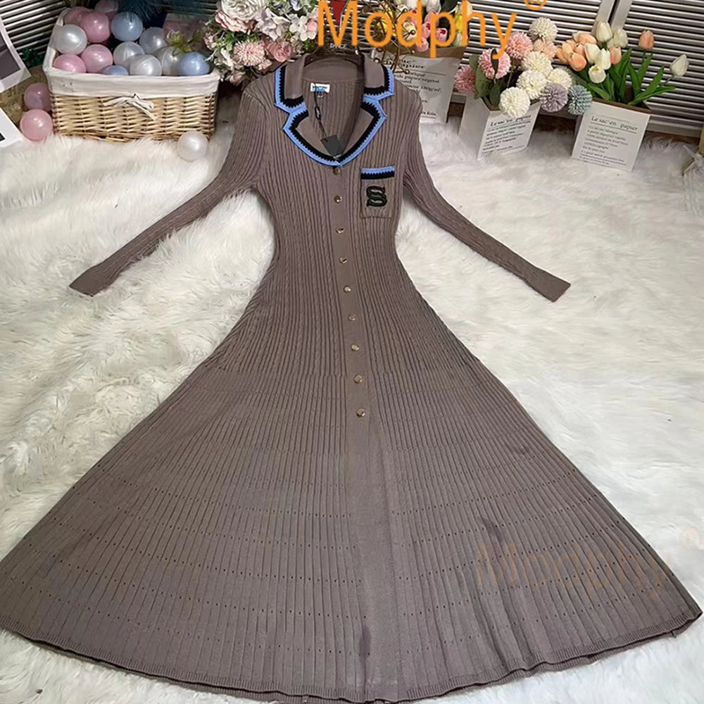 Modphy 2025 Elegant Slim Knitted Long Dress Women's Letter Single Breasted Long Sleeved Designer Vintage Dresses Autumn