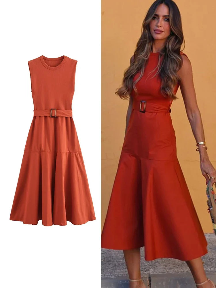 BWQ New Women Solid Patchwork Dress With Belt Elegant Office Ladies Sleeveless O-neck Dress Vintage Causal A-line Long Dress