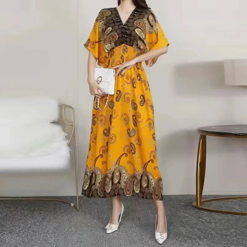 V-neck Large Skirt Hem Casual Sweet Holiday Long Dress Bat Sleeves Elastic Waist Bohemian Print Floral Elegant Dresse For Women
