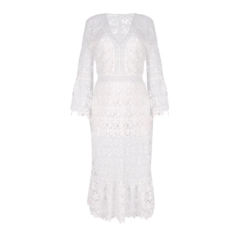 Sexy Autumn Lace Long Sleeve V-neck Big Show Long Dress Women Polyester Fabric High Waist Hollow Out Design Summer Style