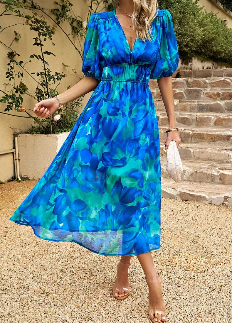 2024 Elegant High Quality Design summer long Dress Waist Cinching V-neck Print Elastic Waist Maxi Dresses for Women Clothing