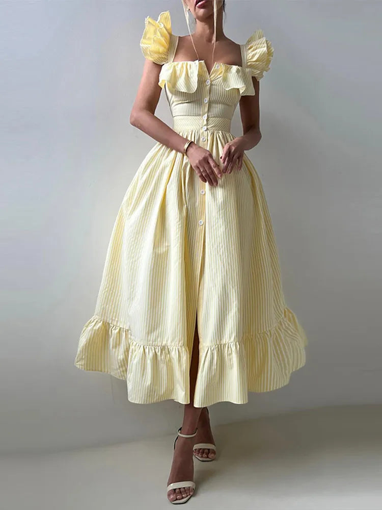 Flying Sleeve Ruffle Striped Slip Long Dress Women Elegant Square Collar Waist Cinching Pleat Party Dresses Chic Ladies Vestido