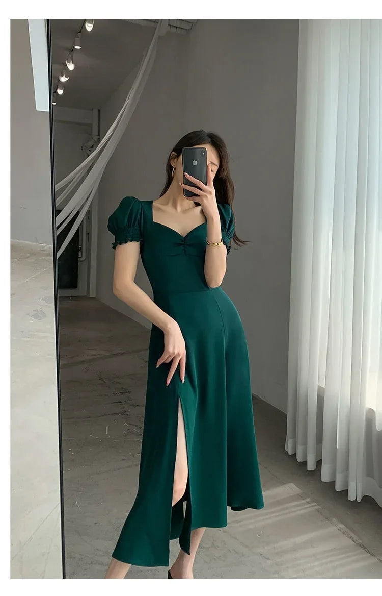 Sweet Vintage French Style Women's Long Dress Summer Hot Sale Of The Season New Bubble Sleeve Square Collar A- Line Split Skirt