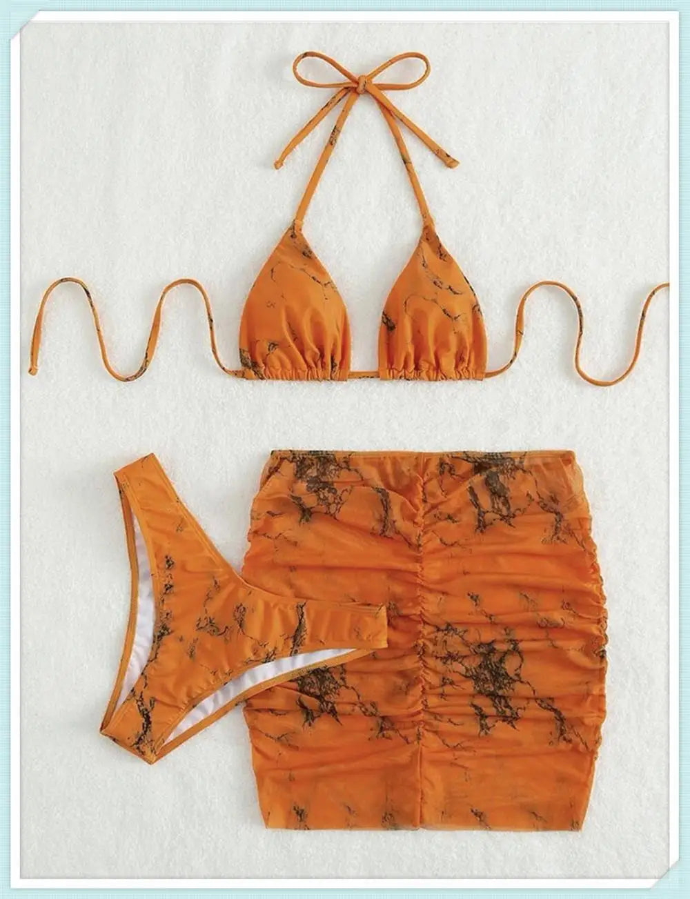 3 Pieces Thong Bikini Set With Skirt Marble texture Bathing Suit Women Swimsuit Set Female Swimwear Beach Wear Swimming Summer