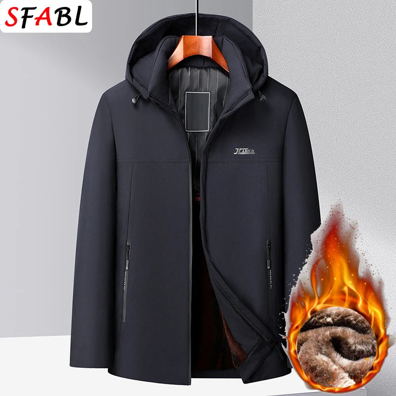 New Hooded Fleece Lining Men's Winter Jacket Coat Parka With Zipper Pockets Korean Winter Jackets for Men's Winter Coats Black