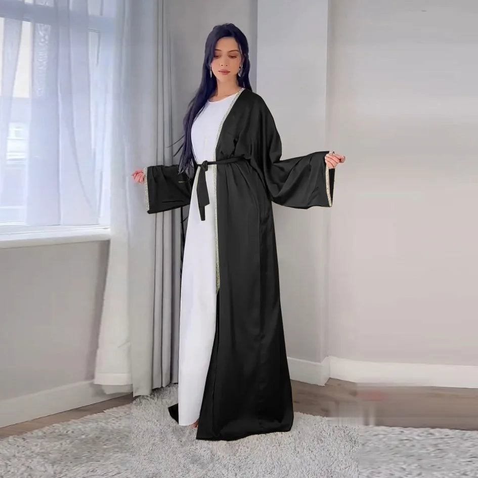 2024 Muslim Dress Diamond Women's Long Dress Fashion Long Sleeve Lace-up Long Abayas Casual Solid Color Clothes for Muslim Women