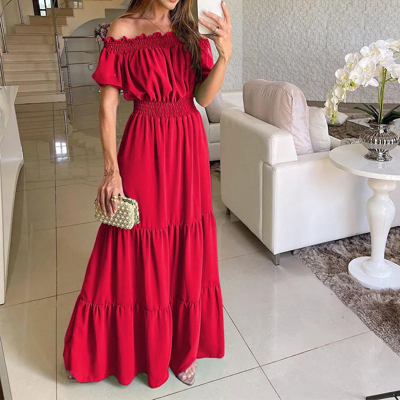 Women's Dress One-line Collar Spring And Summer Short-sleeved New Green Long Dress Fashion Casual Loose Beach Party Dresses Robe