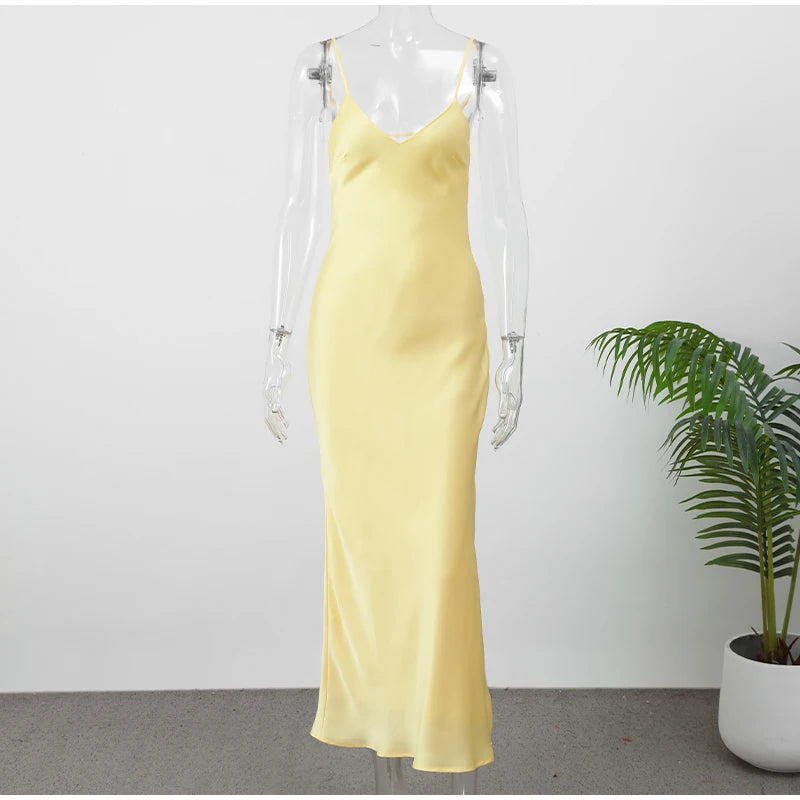 Women Solid Satin Backless Sexy Long Dress Fashion Sleeveless Bodycon Spaghetti Strap Dresses 2025 New Vocation Party Vestidos