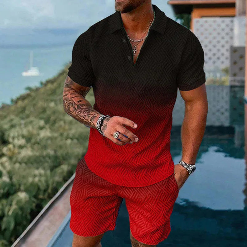 Solid Color Gradient Print Men's Sweatsuit Set Summer Casual Zipper Polo Shirt And Shorts 2pcs Sets Trend Man Pullover Clothing