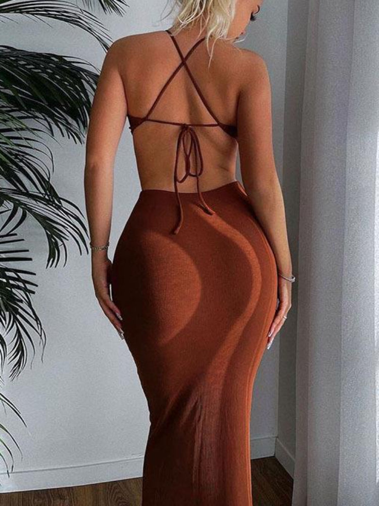 Sexy Full Back Hollow Out Backless Slim Bodycon Long Dress Women Off Shoulder Halter Skinny Dress Elegant Club Party Vestidos