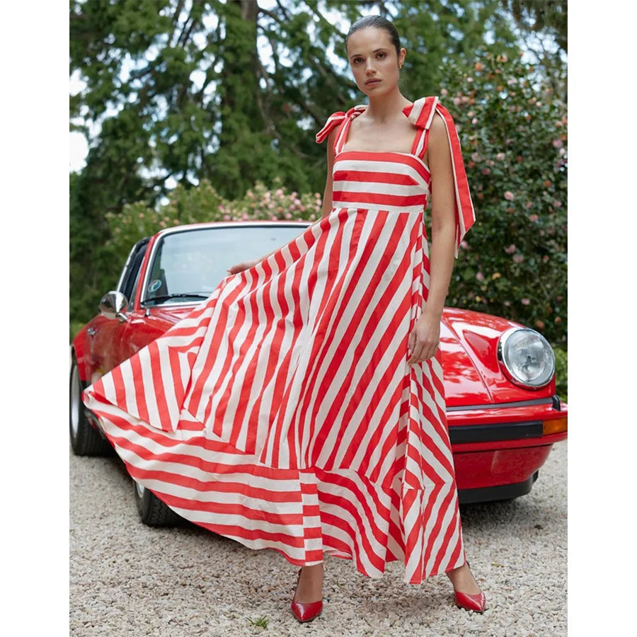 2024 Summer New Stripe Print Spaghetti Strap Dresses For Women Fashion Elegant Lady Bowknot Shoulder Strap Long Dress Vestidos
