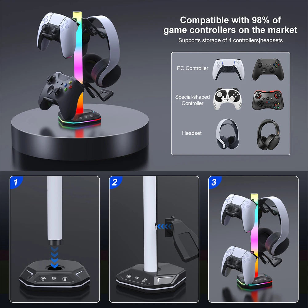 RGB Controller Stand For PS5/XBOX ,9 Light Modes Headphone Holder for Desk Headphone Stand & Detachable Controller Hook