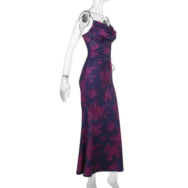 Avrilyaan Pile Collar Print Backless Sexy Dress Women 2024 Elegant Holiday Casual Dress Bodycon Summer Maxi Long Dress Vestido