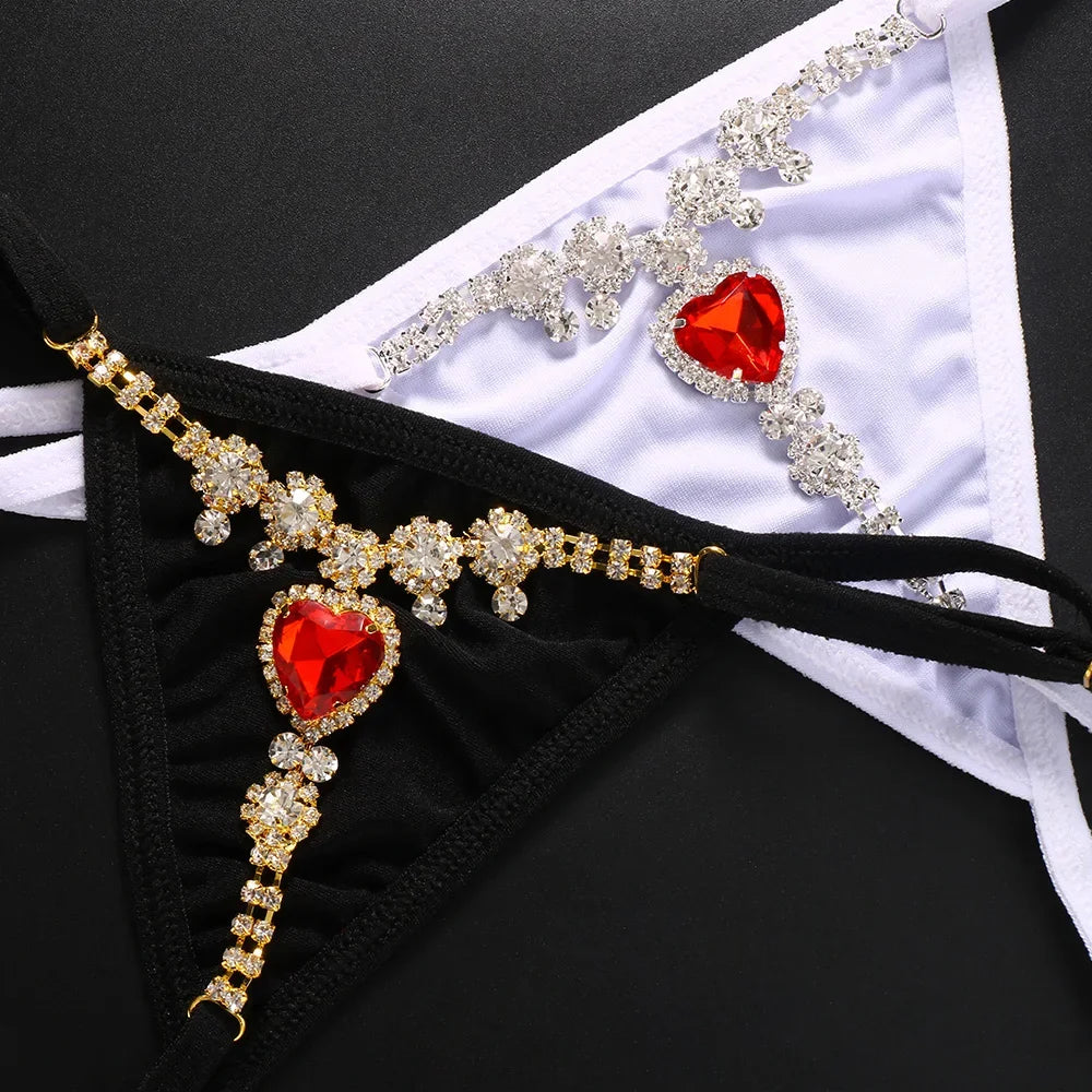 Red Crystal Heart Thong Gstring Rhinestone Body jewelry for Women Sexy Bikini Fabric Thong Swimsuit Panties Adjustable Gift