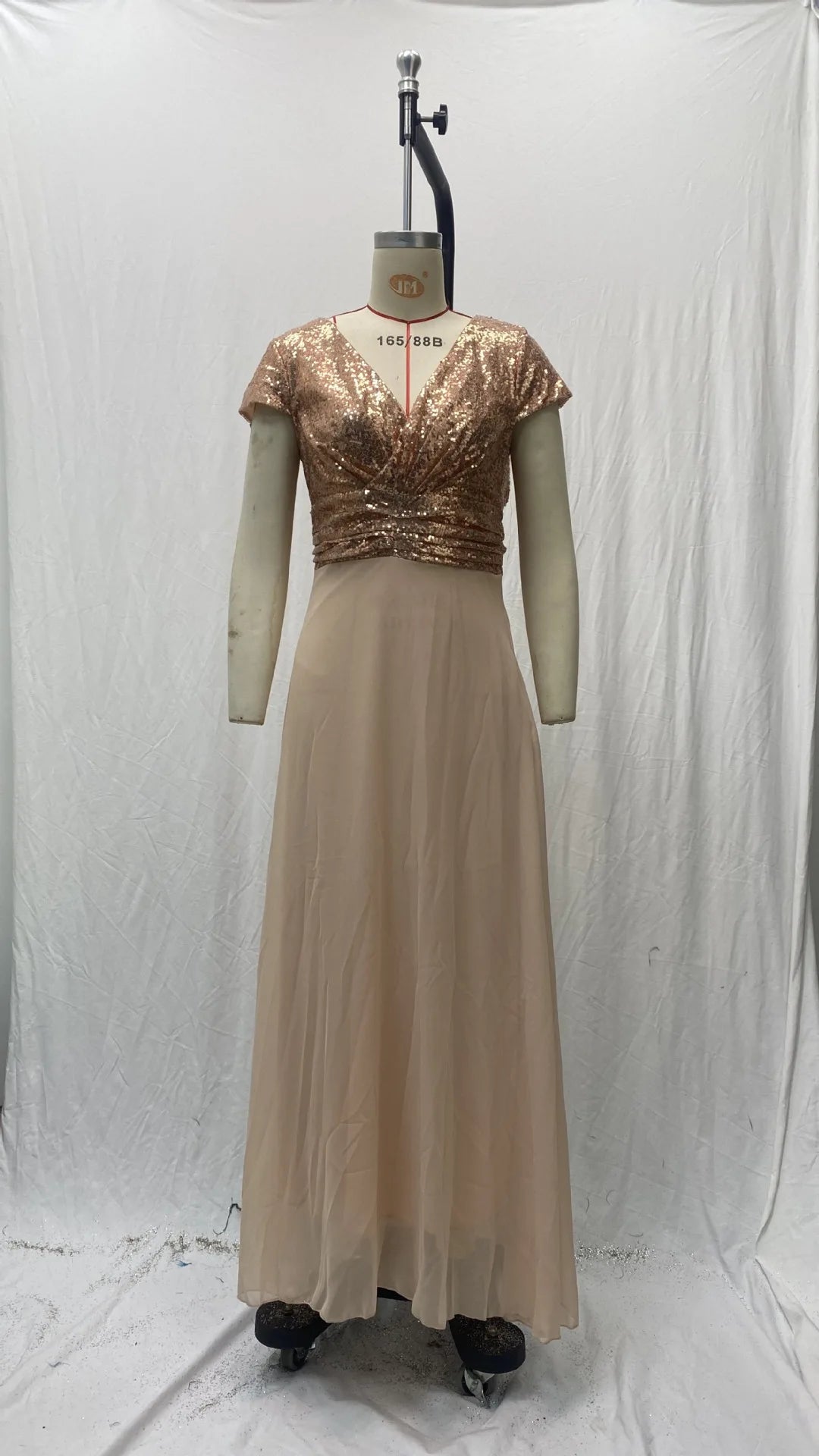 Elegant Sequins Chiffon Dress for Women V Neck Pleated Hem Female Sequins Chiffon Prom Cocktail Long Dress Wedding Evening Dress