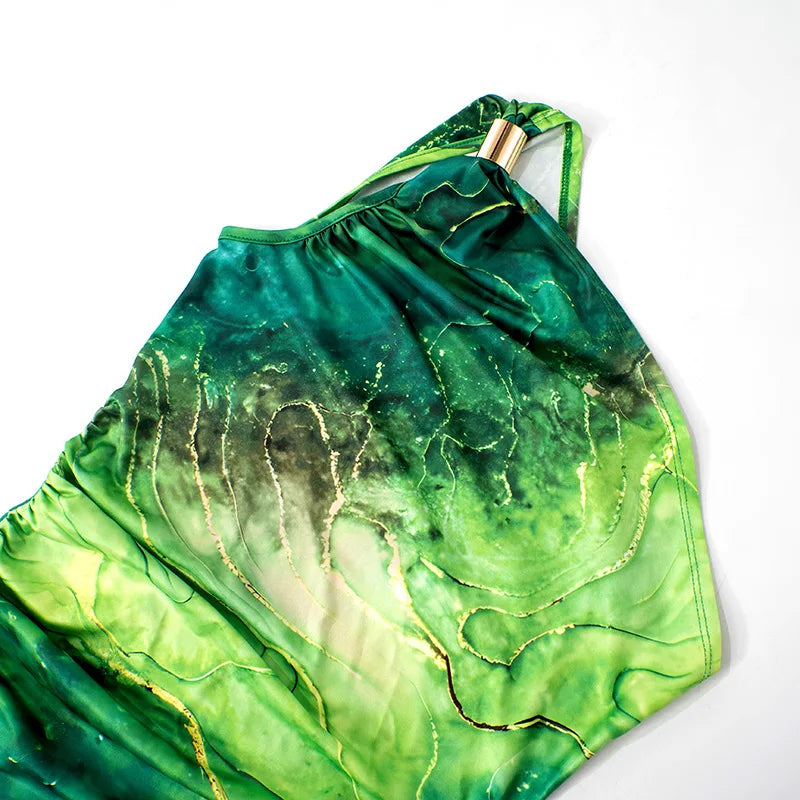 Green Print Long Dress Women Fashion One Shoulder Slim Evening Party Dresses Summer Sexy Backless Ruched Maxi Dress 2024