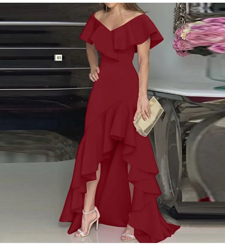 2023 Autumn New European and American Style V-Neck Long Dress with Ruffled Edge Irregular Elegant Dress Party Dress