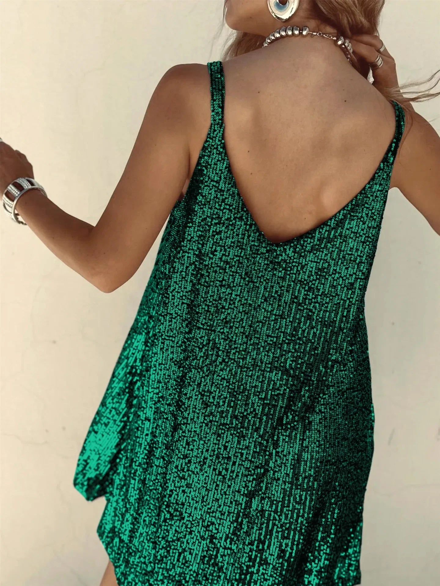 Summer New Women's Fashionable Sexy Tank Dress Solid Color Loose-Fit Long Dress With Sequins V-Neck Fashion Accessories