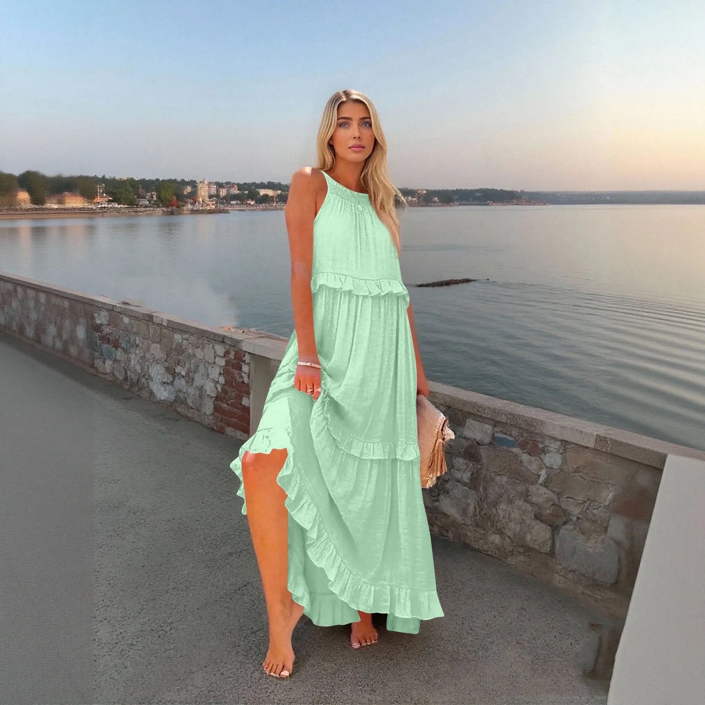 Women's Ruffled hem layered long dresses Summer Sleeveless backless dress Fashion Long Dress Big Swing Beach Dress vestidos