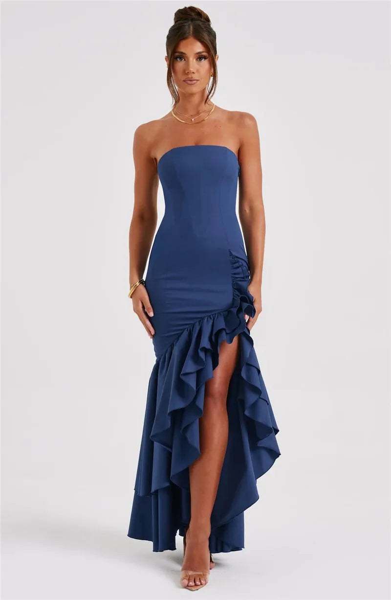 Mozision Strapless High Split Ruffle Long Dress For Women Fashion Off-shoulder Backless Sleeveless Bodycon Club Party Sexy Dress