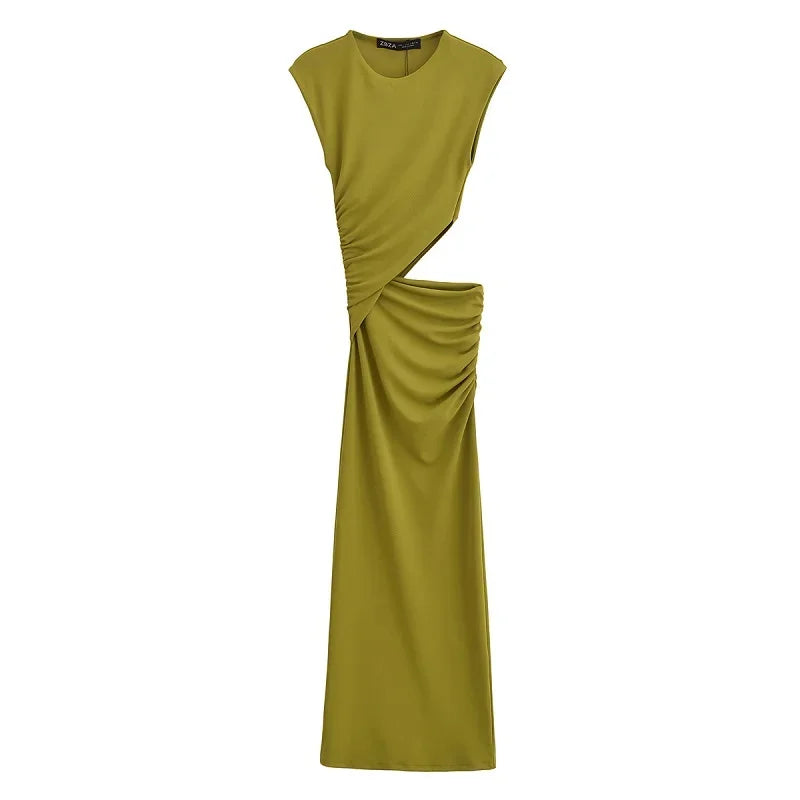 TRAF Women's Green Cut Out Midi Dress 2025 Spring Summer Sleeveless Long Dress Fashion Casual Party Evening Sexy Dress Vestidos