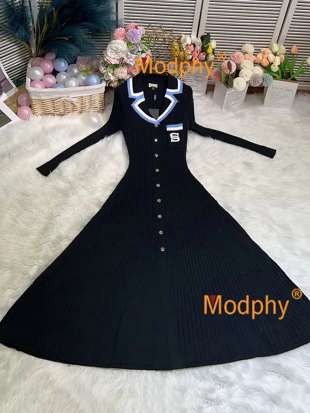 Modphy 2025 Elegant Slim Knitted Long Dress Women's Letter Single Breasted Long Sleeved Designer Vintage Dresses Autumn