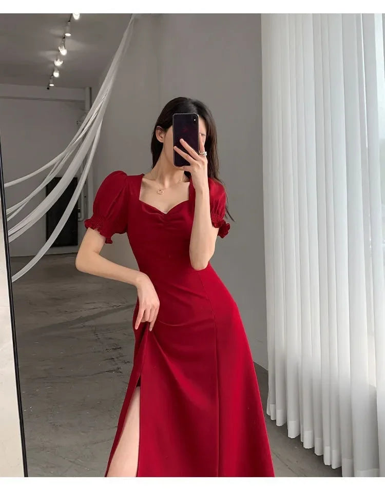 Sweet Vintage French Style Women's Long Dress Summer Hot Sale Of The Season New Bubble Sleeve Square Collar A- Line Split Skirt