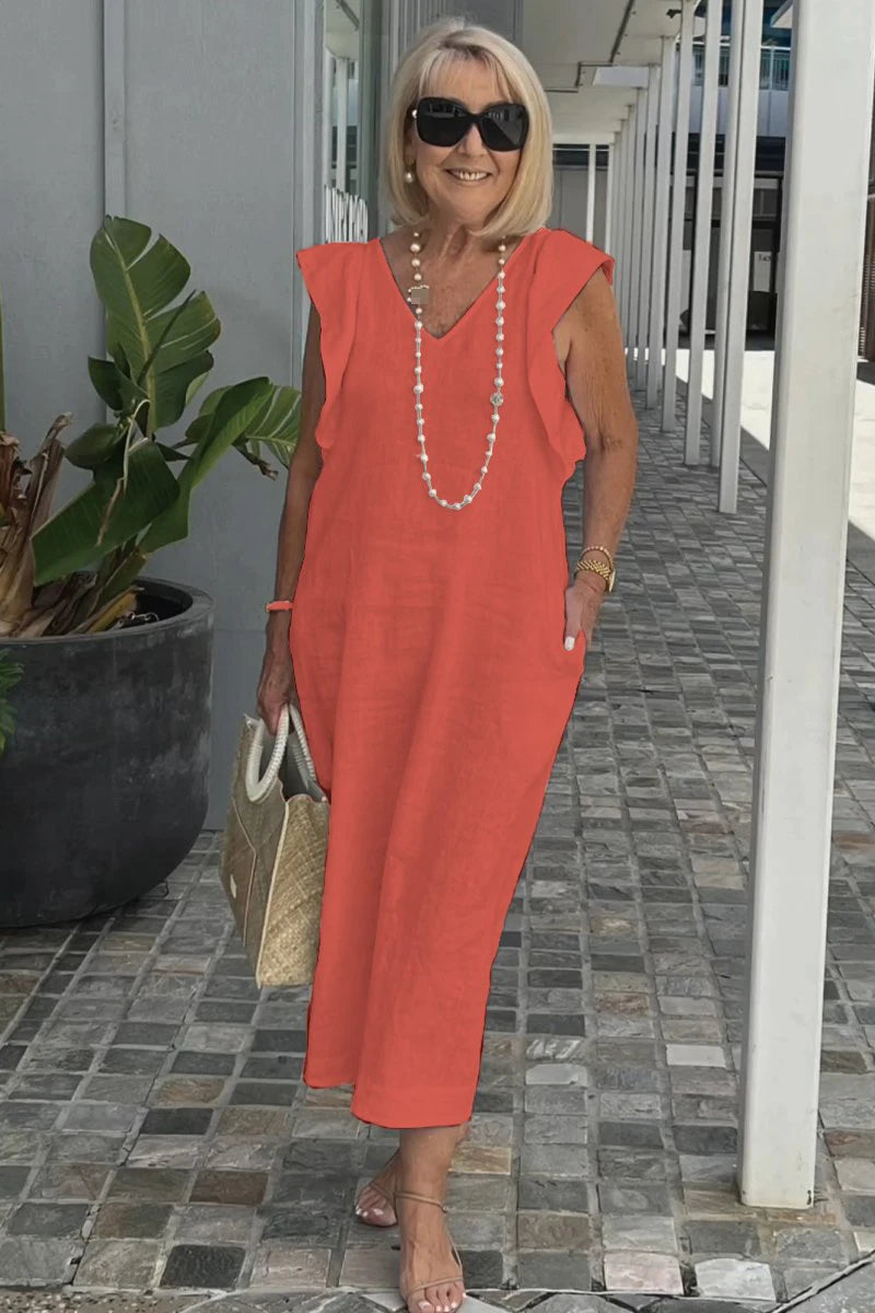 Summer Cotton And Linen Dress For Women Fashion Flying Sleeves Strappy Back Solid Color Loose Long Dress Elegant Robe Femme