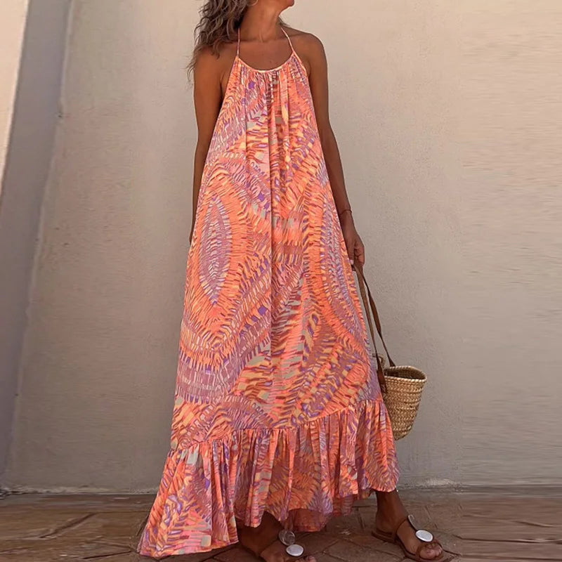 Summer Beach Style Women Ruffles Dress Patchwork Backless Off Shoulder Lady Long Dress Holiday Casual Loose Sleeveless Dresses