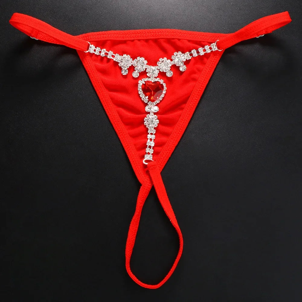 Red Crystal Heart Thong Gstring Rhinestone Body jewelry for Women Sexy Bikini Fabric Thong Swimsuit Panties Adjustable Gift