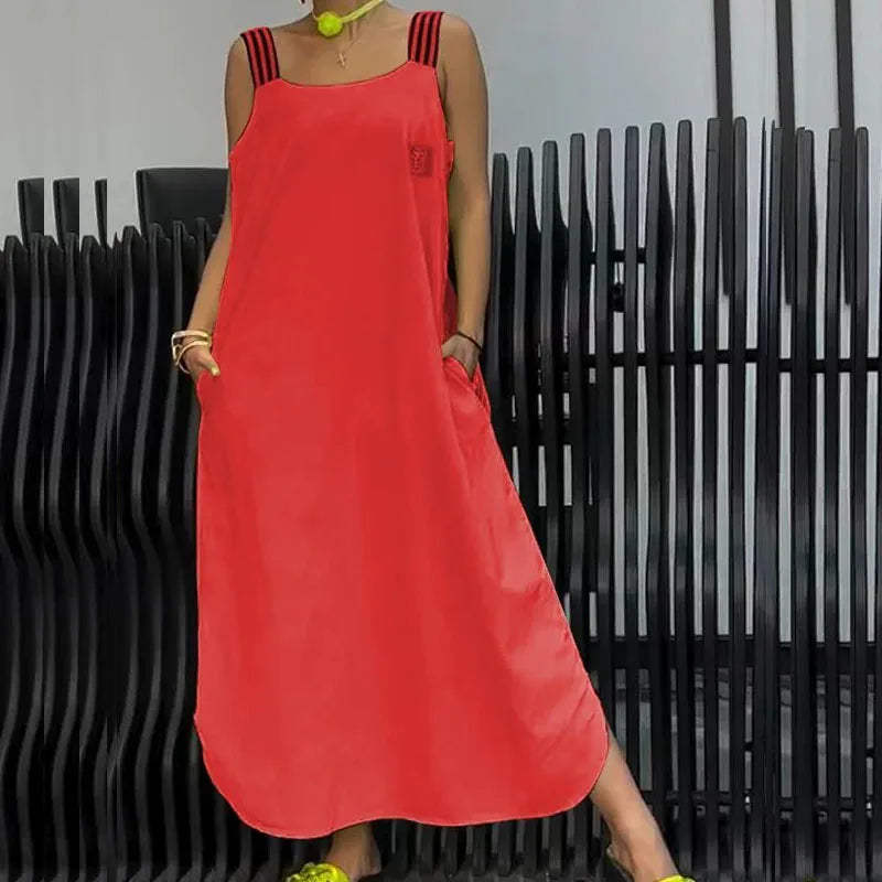 2024 Women Striped Suspender Long Dress Elegant New Off Shoulder Loose Pockets One Piece Dresses Fashion Solid Color Party Dress