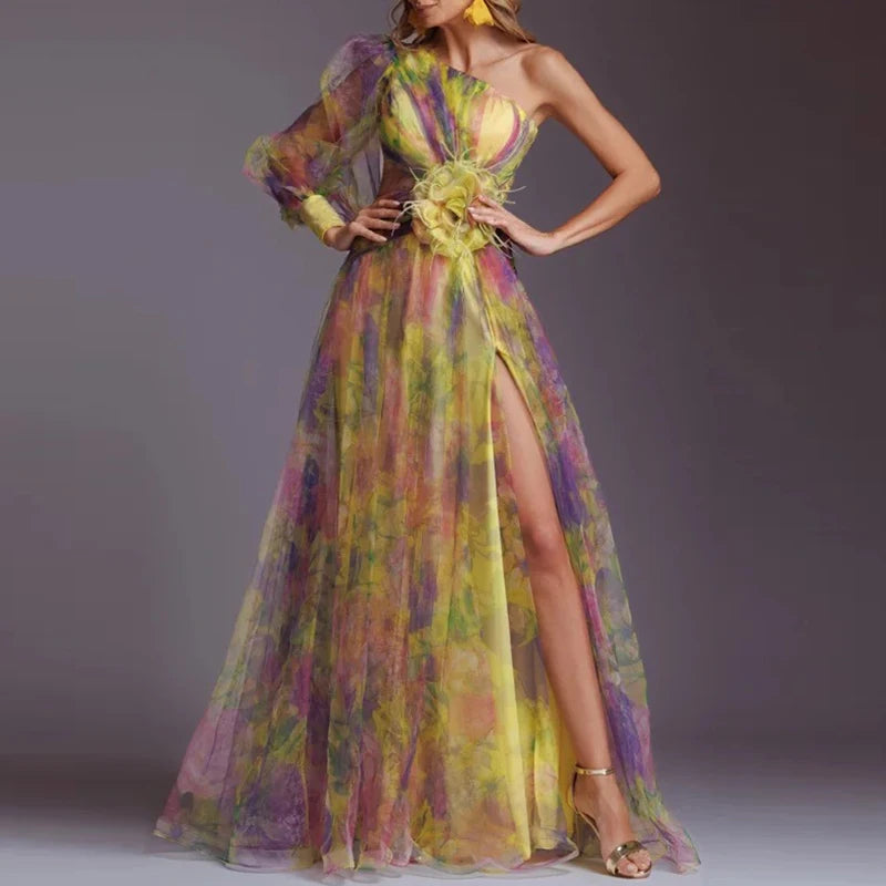 Women Elegant Split Hollow Party Dress Fashion Contrast Print Mesh Maxi Dress Sexy One Shoulder Long Sleeve Irregular Long Dress