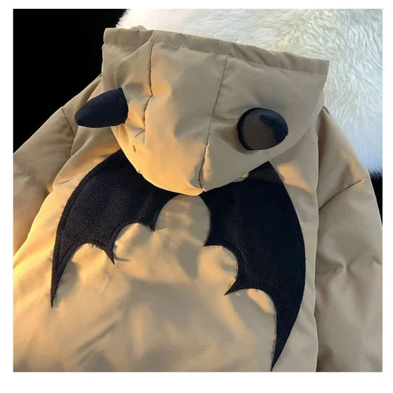 Winter New Cotton Jacket Devil Wing Embroidery Bread Jackets Men's Women's Vintage Harajuku Casual Loose Hooded Cotton-padded