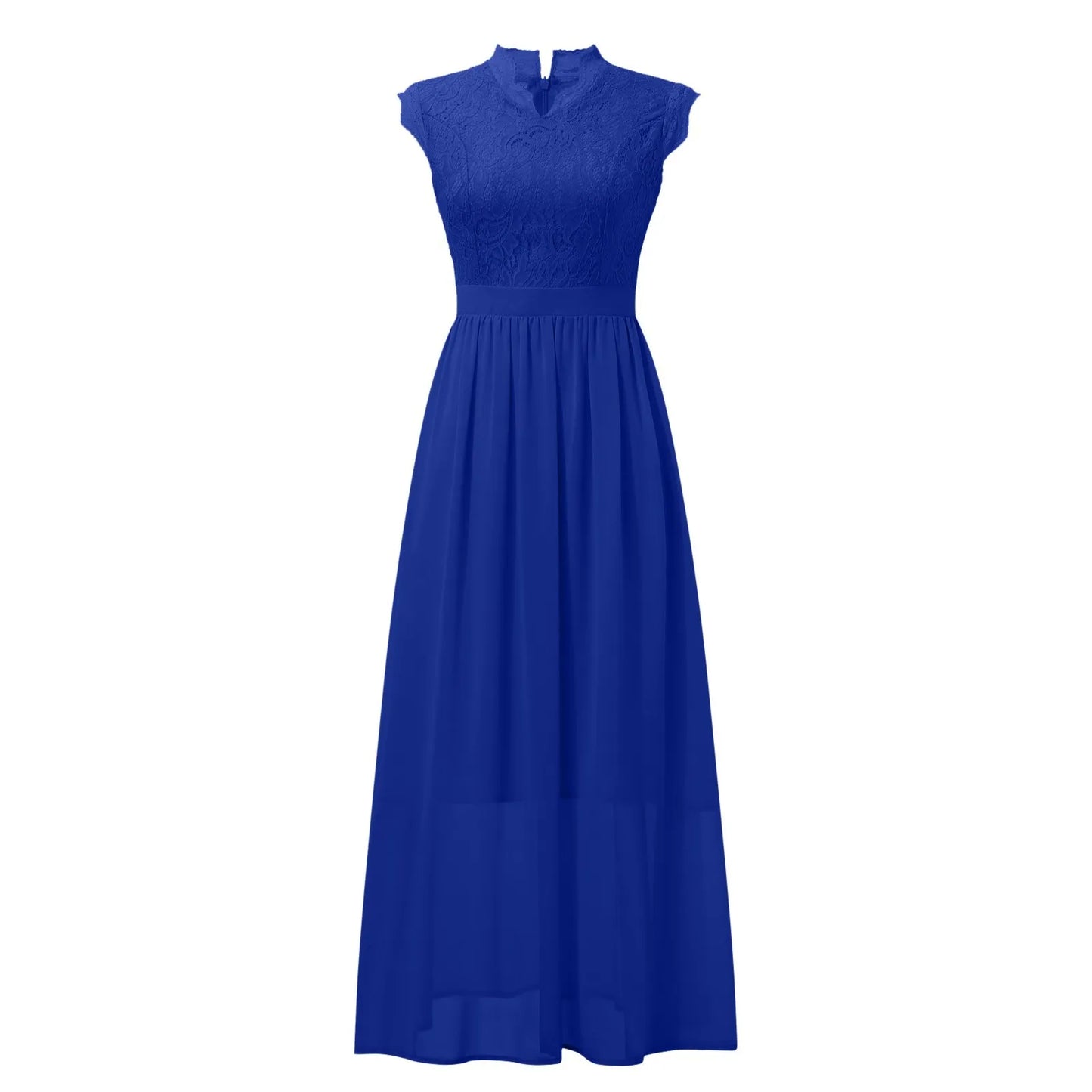 Elegant Women's Party Bridesmaid Long Dress Lace Patchwork Chiffon Sleeveless Wedding V Neck One Piece Formal Party Midi Dress