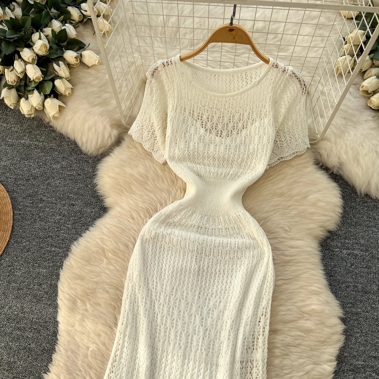SINGREINY Vacation Style Casual Dress Suits Solid Strap Short Sundress+Knitting Hollow Out Long Dress Korean Women Beach Sets