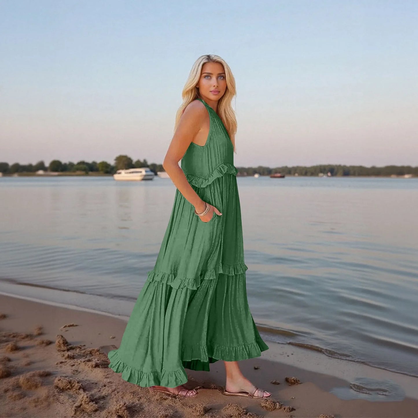 Women's Ruffled hem layered long dresses Summer Sleeveless backless dress Fashion Long Dress Big Swing Beach Dress vestidos