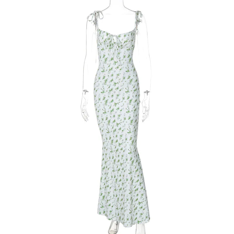 Summer Sexy Women Elegant Floral Printed Beach Vacation Bodycon Streetwear Long Dress Spaghetti Strap Sheath Dress