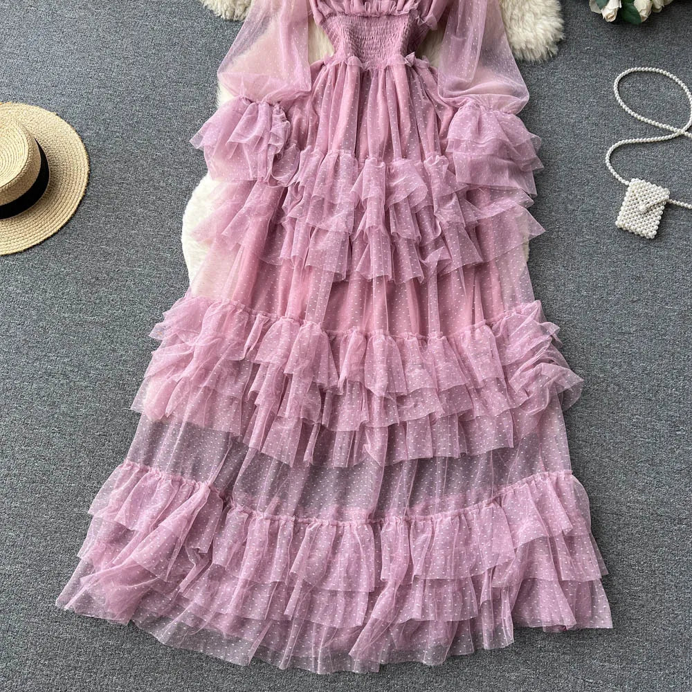 SINGREINY Mesh Party Long Dress Women Ruffle Long Sleeve Slash Neck Elastic Waist French Ladies Summer Elegant A Line Dresses