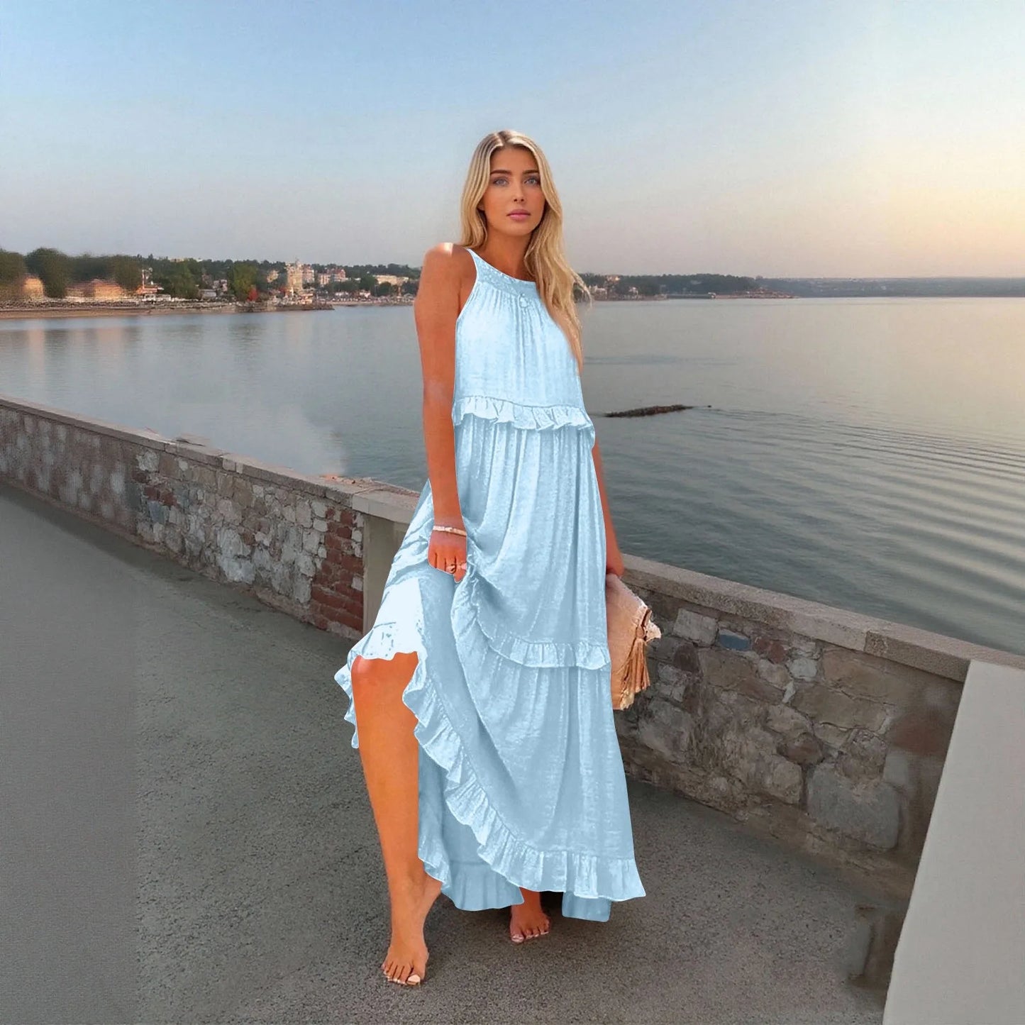 Women's Ruffled hem layered long dresses Summer Sleeveless backless dress Fashion Long Dress Big Swing Beach Dress vestidos